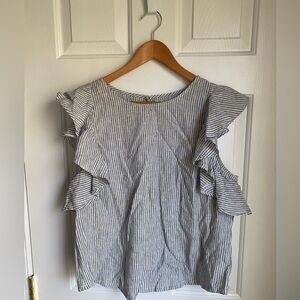 J. Crew White and Blue Striped Ruffled Sleeveless Linen & Cotton Blouse